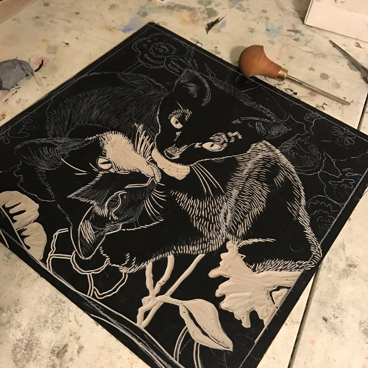 Poppy and Jasper - kittens linocut print