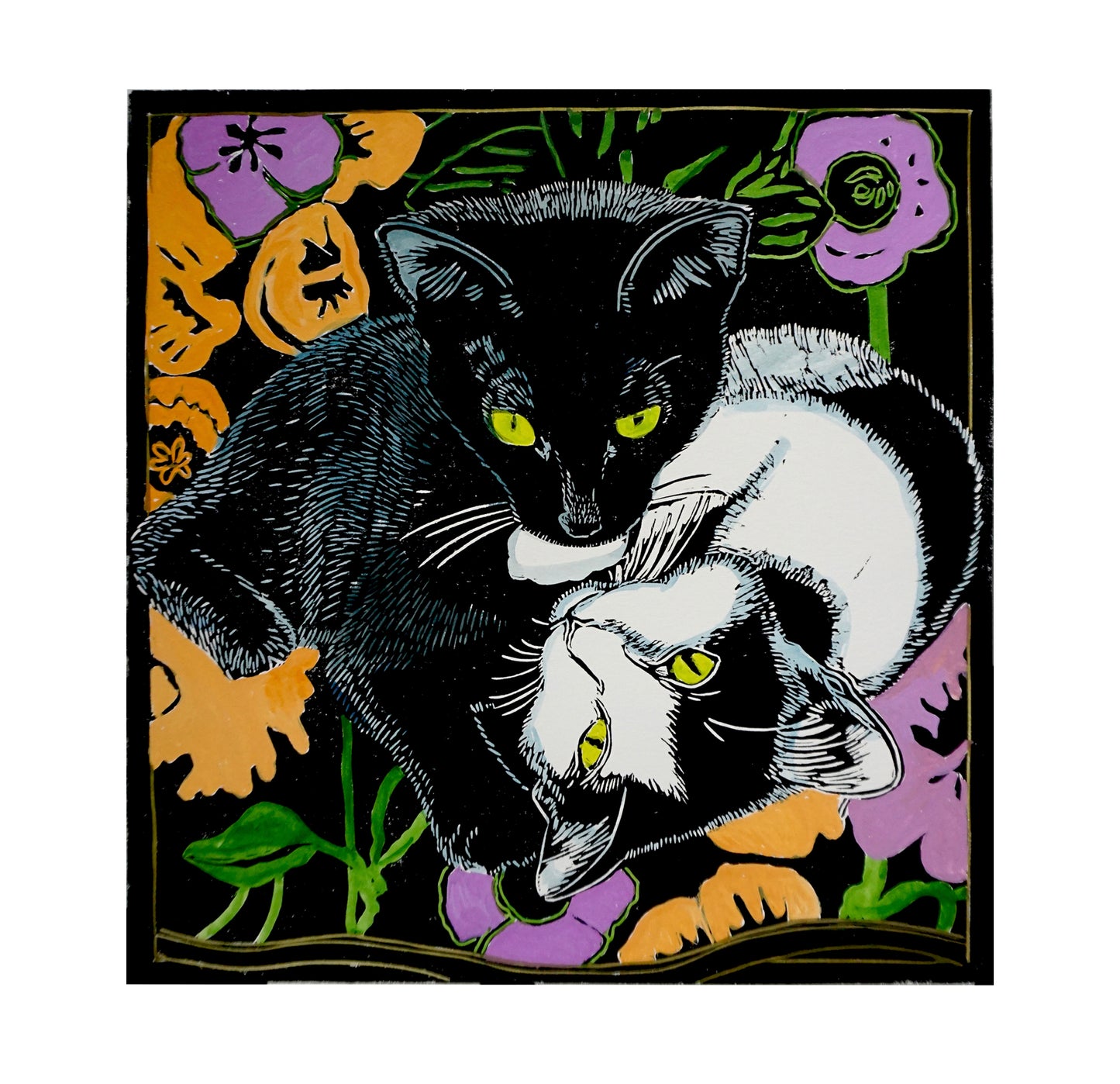 Poppy and Jasper - kittens linocut print