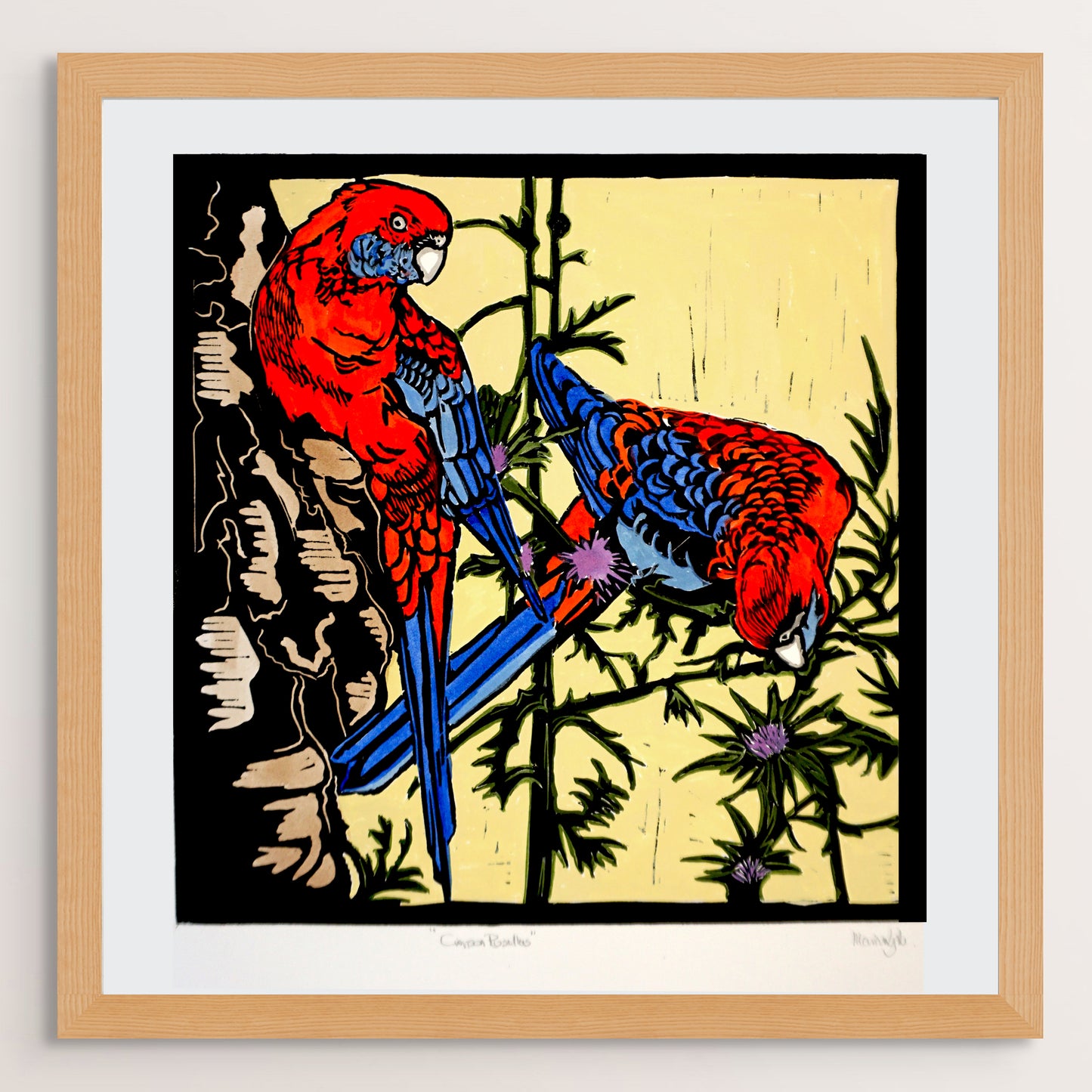 Crimson Rosellas linocut print