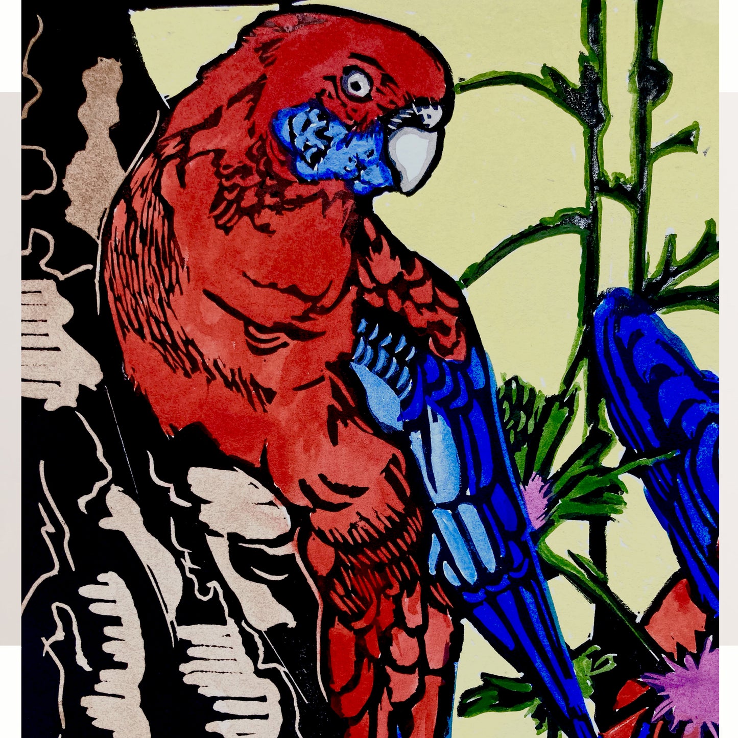 Crimson Rosellas linocut print