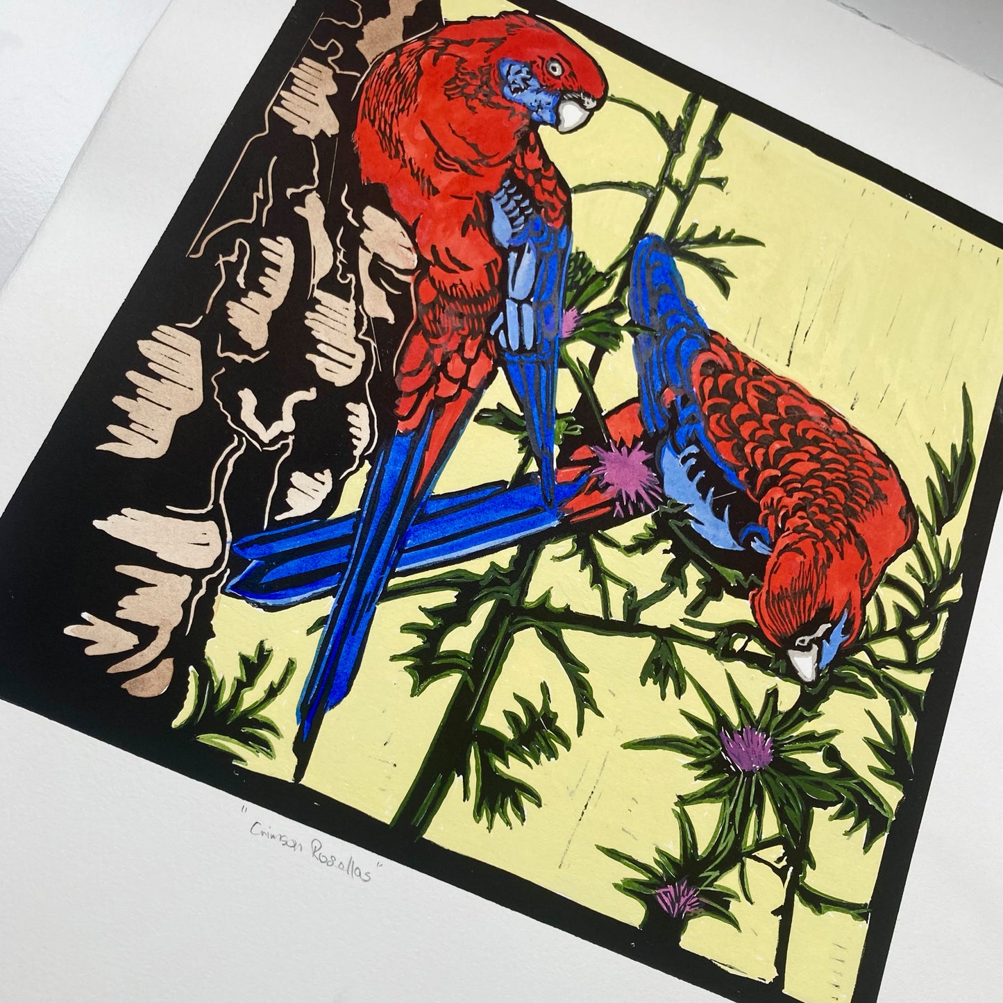 Crimson Rosellas linocut print