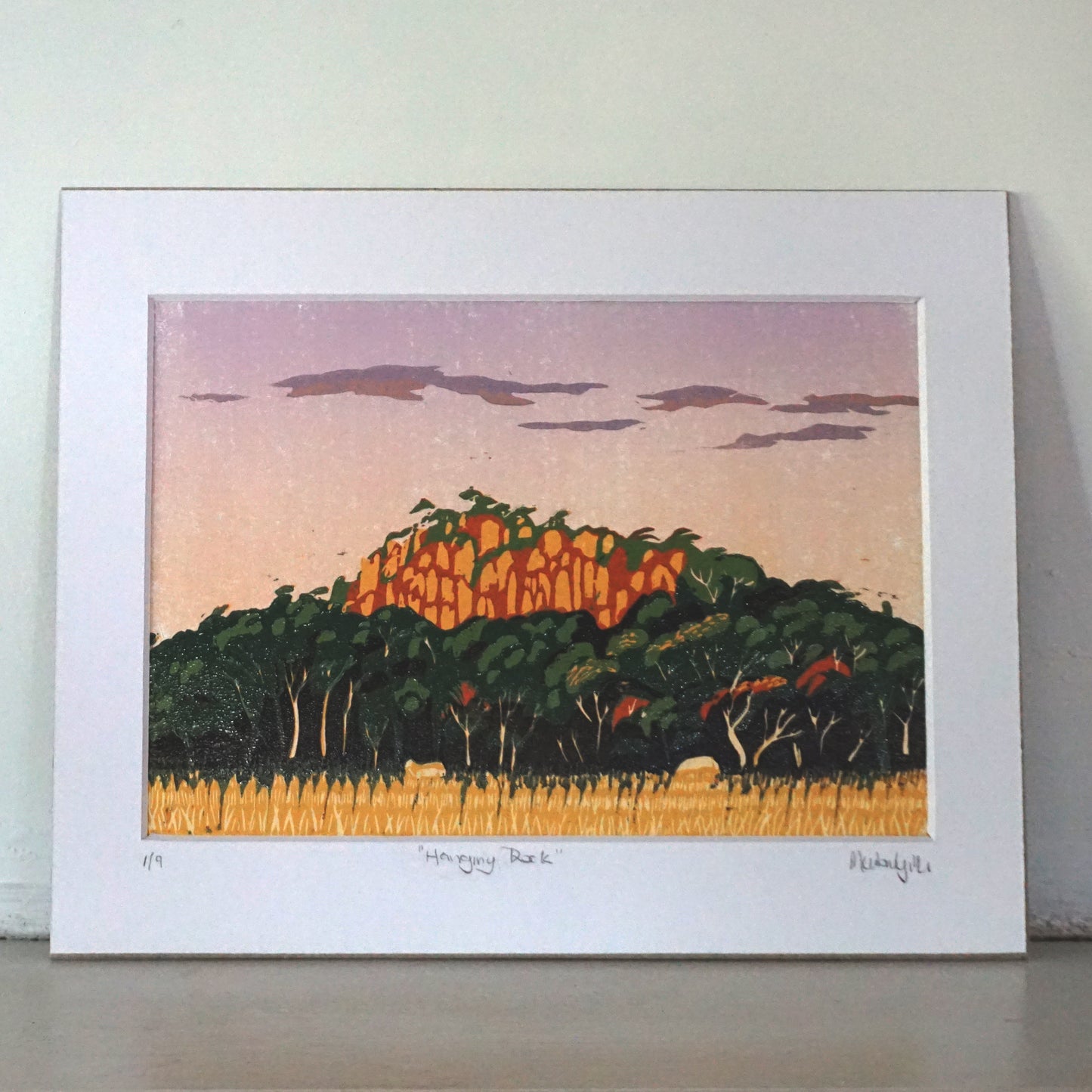 Hanging Rock linocut landscape