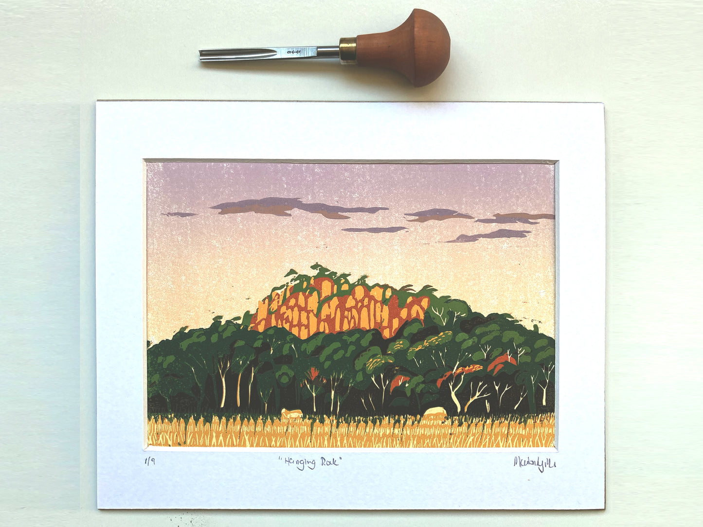 Hanging Rock linocut landscape