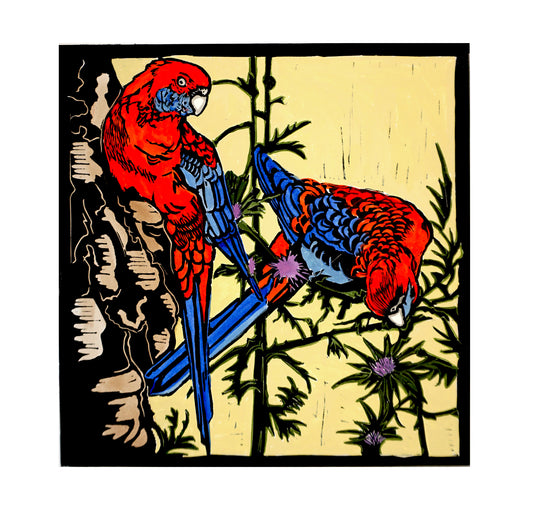 Crimson Rosellas linocut print