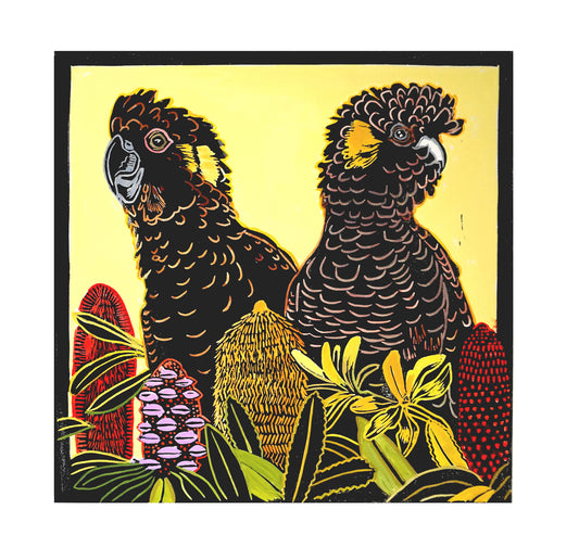 Yellow tailed black cockatoos linocut print